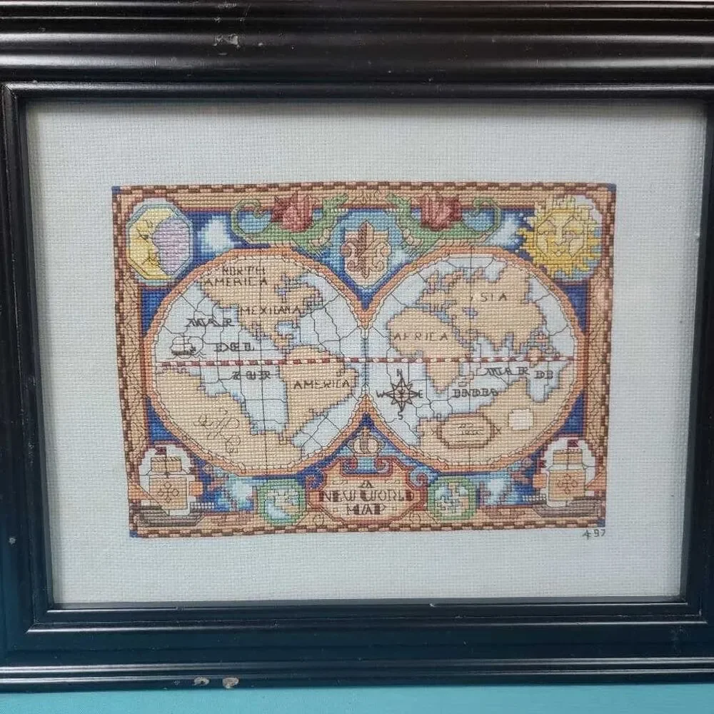 Vintage Framed Cross Stitch New World Map 16